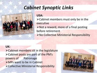 Cabinet Synoptic Links
UK:
Cabinet members sit in the legislature
Cabinet posts are part of the PM’s
powers of Patronage
MPs want to be in Cabinet
Collective Ministerial Responsibility
USA:
Cabinet members must only be in the
executive
Not a reward, more of a final posting
before retirement
No Collective Ministerial Responsibility
 