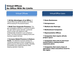Virtual Offices An Office With No Limits Home Businesses  Entrepreneurs Medium-size Start-ups  Multinational Companies Representative Offices Companies that require off-site project space Companies that wish to test local market before making further expansion plans Companies that need a base of operations when executives travel to the region All the Advantages of an Office . A Virtual Office has all the benefits of an office without paying for the physical space. Build Your Corporate Presence.  You get a prestigious address in a premium location. You get mail & courier services, a personal phone number with telephone calls professionally answered in your company’s name. You have access to meeting rooms and business support services. Increase Global Presence & Reduce Costs . The definitive business solution for companies seeking to remain competitive in a global economy that requires mobility, flexibility, accessibility and a global presence while keeping operation costs low. 
