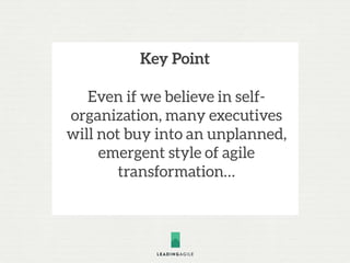 Key Point
Even if we believe in self-
organization, many executives
will not buy into an unplanned,
emergent style of agil...