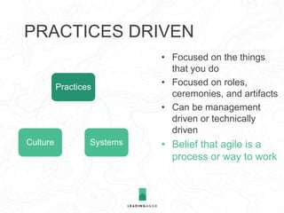 Practices
SystemsCulture
• Focused on the things
that you do
• Focused on roles,
ceremonies, and artifacts
• Can be manage...