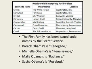 • The First Family has been issued code
names by the Secret Service.
• Barack Obama's is "Renegade,"
• Michelle Obama's is "Renaissance,"
• Malia Obama's is "Radiance,"
• Sasha Obama's is "Rosebud."
 