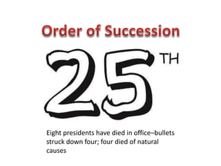 Eight presidents have died in office–bullets
struck down four; four died of natural
causes
 