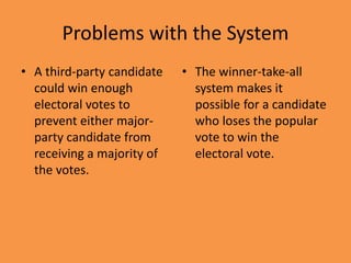 Problems with the System
• A third-party candidate
could win enough
electoral votes to
prevent either major-
party candidate from
receiving a majority of
the votes.
• The winner-take-all
system makes it
possible for a candidate
who loses the popular
vote to win the
electoral vote.
 