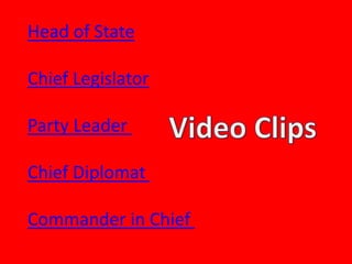 Head of State
Chief Legislator
Party Leader
Chief Diplomat
Commander in Chief
 