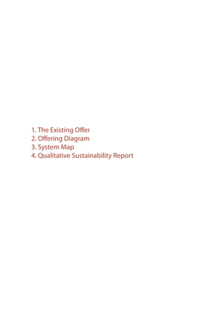 1. The Existing Offer
2. Offering Diagram
3. System Map
4. Qualitative Sustainability Report
 