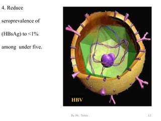 4. Reduce
seroprevalence of
(HBsAg) to <1%
among under five.
HBV
By Mr. Teklu . 12
 