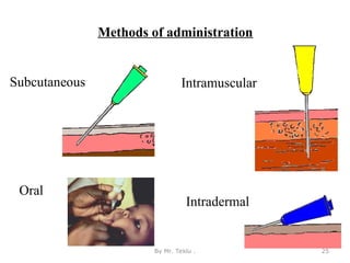 Methods of administration
Subcutaneous Intramuscular
Intradermal
Oral
By Mr. Teklu . 25
 