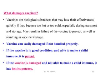 What damages vaccines?
• Vaccines are biological substances that may lose their effectiveness
quickly if they become too hot or too cold, especially during transport
and storage. May result in failure of the vaccine to protect, as well as
resulting in vaccine wastage.
• Vaccine can easily damaged if not handled properly.
• If the vaccine is in good condition, and able to make a child
immune, it is potent.
• If the vaccine is damaged and not able to make a child immune, it
has lost its potency.
By Mr. Teklu . 61
 