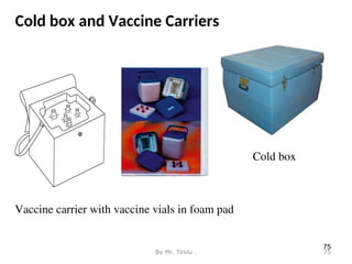 Cold box and Vaccine Carriers
Vaccine carrier with vaccine vials in foam pad
Cold box
75
By Mr. Teklu . 75
 