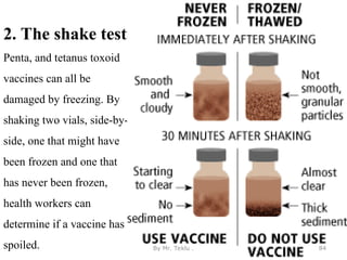 2. The shake test
Penta, and tetanus toxoid
vaccines can all be
damaged by freezing. By
shaking two vials, side-by-
side, one that might have
been frozen and one that
has never been frozen,
health workers can
determine if a vaccine has
spoiled. By Mr. Teklu . 84
 