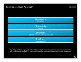 Experience-driven Approach




                                                                                  Experiences
                                                                                      (horizontal)


                                                                                   Blueprints
                                                                                       (vertical)


                                                                                    Solutions
                                                                         (e.g. Web Experience Management, etc.)


                                                                                     Platform
                                                                                    (building blocks)




             http://blogs.adobe.com/gary/2011/07/solution-spotlight-a-look-inside-customer-communications.html
             http://blogs.adobe.com/gary/2011/08/solution-spotlight-a-look-inside-integrated-content-review.html


© 2011 Adobe Systems Incorporated. All Rights Reserved. Adobe Confidential.                7
 