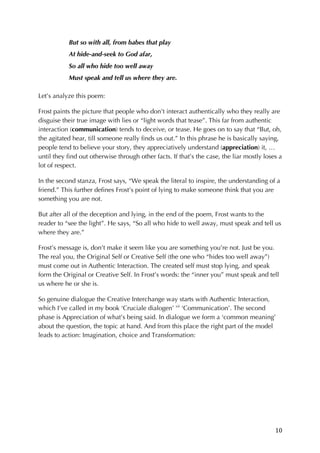 10	
But so with all, from babes that play
At hide-and-seek to God afar,
So all who hide too well away
Must speak and tell us where they are.
Let’s analyze this poem:
Frost paints the picture that people who don’t interact authentically who they really are
disguise their true image with lies or “light words that tease”. This far from authentic
interaction (communication) tends to deceive, or tease. He goes on to say that “But, oh,
the agitated hear, till someone really finds us out.” In this phrase he is basically saying,
people tend to believe your story, they appreciatively understand (appreciation) it, …
until they find out otherwise through other facts. If that’s the case, the liar mostly loses a
lot of respect.
In the second stanza, Frost says, “We speak the literal to inspire, the understanding of a
friend.” This further defines Frost’s point of lying to make someone think that you are
something you are not.
But after all of the deception and lying, in the end of the poem, Frost wants to the
reader to “see the light”. He says, “So all who hide to well away, must speak and tell us
where they are.”
Frost’s message is, don’t make it seem like you are something you’re not. Just be you.
The real you, the Original Self or Creative Self (the one who “hides too well away”)
must come out in Authentic Interaction. The created self must stop lying, and speak
form the Original or Creative Self. In Frost’s words: the “inner you” must speak and tell
us where he or she is.
So genuine dialogue the Creative Interchange way starts with Authentic Interaction,
which I’ve called in my book ‘Cruciale dialogen’ xii
‘Communication’. The second
phase is Appreciation of what’s being said. In dialogue we form a ‘common meaning’
about the question, the topic at hand. And from this place the right part of the model
leads to action: Imagination, choice and Transformation:
 