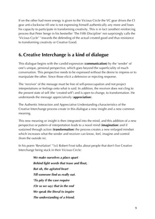 9	
If on the other had more energy is given to the Vicious Circle the VC gear drives the CI
gear anti-clockwise till one is not expressing himself authentically any more and loses
his capacity to participate in transforming creativity. This is in fact (another) reinforcing
process that Peter Senge in his bestseller ‘The Fifth Discipline’ not surprisingly calls the
‘Vicious Cycle’ x
towards the defending of the actual created good and thus resistance
to transforming creativity or Creative Good.
6. Creative Interchange is a kind of dialogue
This dialogue begins with the candid expression (communication) by the ‘sender’ of
one’s unique, personal perspective, which goes beyond the superficiality of much
conversation. This perspective needs to be expressed without the desire to impress or to
manipulate the other. Since those elicit a defensive or rejecting response.
The ‘receiver’ of the message must be free of self-preoccupation and not project
interpretations or feelings onto what is said. In addition, the receiver does not cling to
the present state of self (the ‘created self’) and is open to change, to transformation. He
understands the message appreciatively (appreciation).
The Authentic Interaction and Appreciative Understanding characteristics of the
Creative Interchange process create in this dialogue a new insight and a new common
meaning.
This new meaning or insight is then integrated into the mind, and this addition of a new
perspective or pattern of interpretation leads to a novel mind (imagination) and if
sustained through action (transformation) the process creates a new enlarged mindset
which increases what the sender and receiver can know, feel, imagine and control
(from the outside in).
In his poem ‘Revelation’ xi
[vi] Robert Frost talks about people that don’t live Creative
Interchange being stuck in their Vicious Circle:
We make ourselves a place apart!
Behind light words that tease and flout,!
But oh, the agitated heart!
Till someone find us really out.
‘Tis pity if the case require
(Or so we say) that in the end
We speak the literal to inspire
The understanding of a friend.
 