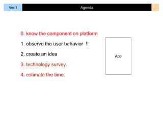 AgendaVer.1
0. know the component on platform
1. observe the user behavior !!
2. create an idea
3. technology survey.
4. estimate the time.
App
 