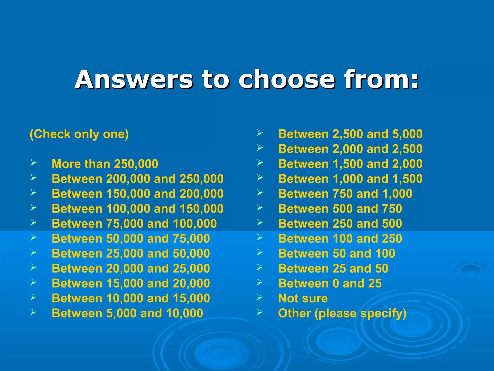 Answers to choose from:Answers to choose from:
(Check only one)
  More than 250,000
  Between 200,000 and 250,000
  Between 150,000 and 200,000
  Between 100,000 and 150,000
  Between 75,000 and 100,000
  Between 50,000 and 75,000
  Between 25,000 and 50,000
  Between 20,000 and 25,000
  Between 15,000 and 20,000
  Between 10,000 and 15,000
  Between 5,000 and 10,000
 
 Between 2,500 and 5,000
  Between 2,000 and 2,500
  Between 1,500 and 2,000
  Between 1,000 and 1,500
  Between 750 and 1,000
  Between 500 and 750
  Between 250 and 500
  Between 100 and 250
  Between 50 and 100
  Between 25 and 50
  Between 0 and 25
  Not sure
  Other (please specify)
 