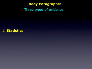 Body Paragraphs:
                Three types of evidence




1. Statistics
 