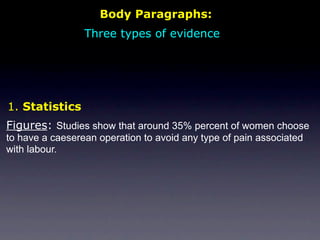 Body Paragraphs:
                 Three types of evidence




1. Statistics
Figures: Studies show that around 35% percent of women choose
to have a caeserean operation to avoid any type of pain associated
with labour.
 