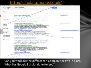 http://scholar.google.co.uk/ 
Can you work out the difference? Compare the two in pairs. 
What has Google Scholar done for you? 
 