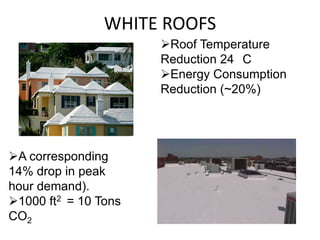 WHITE ROOFS
Roof Temperature
Reduction 24 C
Energy Consumption
Reduction (~20%)

A corresponding
14% drop in peak
hour demand).
1000 ft2 = 10 Tons
CO2

 