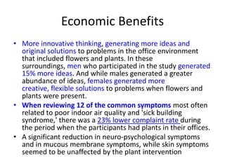 Economic Benefits
• More innovative thinking, generating more ideas and
original solutions to problems in the office environment
that included flowers and plants. In these
surroundings, men who participated in the study generated
15% more ideas. And while males generated a greater
abundance of ideas, females generated more
creative, flexible solutions to problems when flowers and
plants were present.
• When reviewing 12 of the common symptoms most often
related to poor indoor air quality and 'sick building
syndrome,' there was a 23% lower complaint rate during
the period when the participants had plants in their offices.
• A significant reduction in neuro-psychological symptoms
and in mucous membrane symptoms, while skin symptoms
seemed to be unaffected by the plant intervention

 