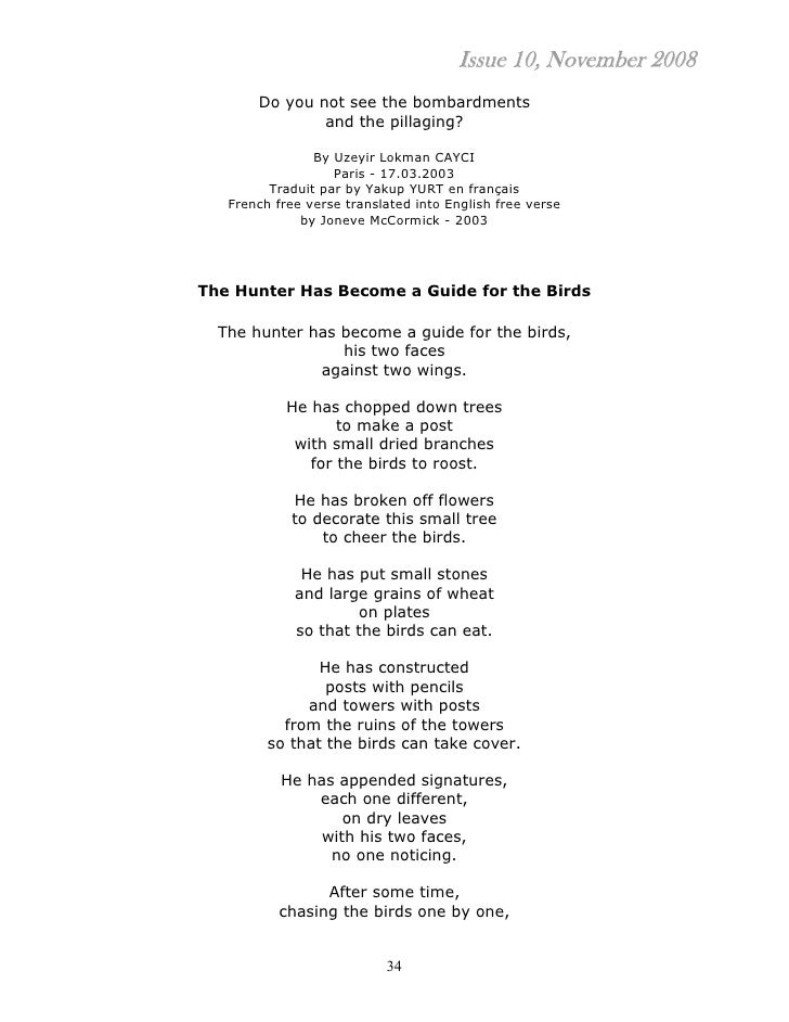 an analysis of french free verse translated into english free verse by joneve mccormick Free verse became current in english poetics in the early 20th century flint, richard aldington, ezra pound, and ts eliot, were students of french poetry. an analysis of french free verse translated into english free verse by joneve mccormick Free verse became current in english poetics in the early 20th century flint, richard aldington, ezra pound, and ts eliot, were students of french poetry.