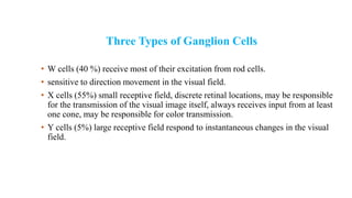 Three Types of Ganglion Cells
• W cells (40 %) receive most of their excitation from rod cells.
• sensitive to direction movement in the visual field.
• X cells (55%) small receptive field, discrete retinal locations, may be responsible
for the transmission of the visual image itself, always receives input from at least
one cone, may be responsible for color transmission.
• Y cells (5%) large receptive field respond to instantaneous changes in the visual
field.
 
