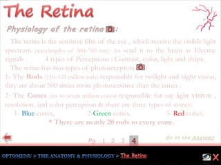 41Pg. 2
The retina is the sensitive film of the eye , which receive the visible light
spectrum (wavelengths of 380–760 nm) to send it to the brain as Electric
signals .It has 4 types of Perceptions : Contrast, color, light and shape.
The retina has two types of photoreceptors :
1- The Rods (110–125 million rods) responsible for twilight and night vision,
they are about 500 times more photosensitive than the cones .
2- The Cones (six to seven million cones) responsible for say light vision ,
resolution, and color perception & there are three types of cones:
1- Blue cones, 2-Green cones, 3- Red cones.
* There are nearly 20 rods to every cone.
3
 