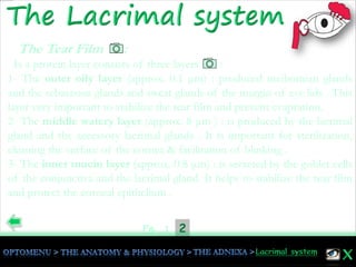 21Pg.
The Tear Film :
Is a protein layer consists of three layers :
1- The outer oily layer (approx. 0.1 μm) : produced meibomian glands
and the sebaceous glands and sweat glands of the margin of eye lids . This
layer very important to stabilize the tear film and prevent evapration.
2- The middle watery layer (approx. 8 μm ) : is produced by the lacrimal
gland and the accessory lacrimal glands . It is important for sterilization,
cleaning the surface of the cornea & facilitation of blinking .
3- The inner mucin layer (approx. 0.8 μm) : is secreted by the goblet cells
of the conjunctiva and the lacrimal gland. It helps to stabilize the tear film
and protect the corneal epithelium .
 