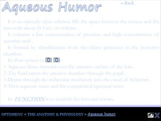It is an optically clear solution fills the space between the cornea and the
lens with about (0.3 ml.) in volume .
It contains a low concentration of proteins, and high concentration of
ascorbic acid .
It formed by ultrafiltration from the ciliary processes in the posterior
chamber.
Its flow system is :
1-Aqueous flows forward over the anterior surface of the lens .
2-The fluid enters the anterior chamber through the pupil .
3-Drains through the trabecular meshwork into the canal of Schlemm .
4-Then aqueous veins and the conjunctival episceral veins.
Its FUNCTION is to nourish the lens and cornea.
←Back
 