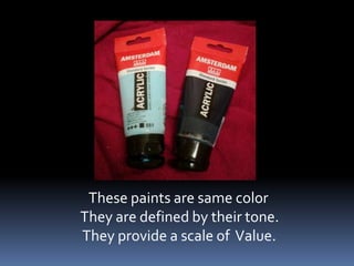    These paints are same colorThey are defined by their tone. They provide a scale of  Value.