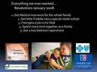 Everything we ever wanted…    Resolutions January 2008:1. Get Medical Insurance for the whole family          2. Get little Freddie into a special needs school           3. Fred gets a job in his field            4. Spend more time together as a family              5. Get a two bedroom apartmentFreddie’sIEP Binder