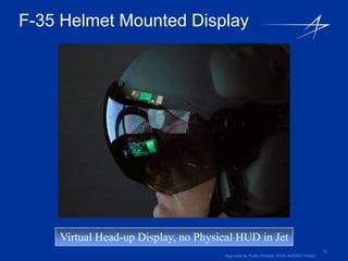 F-35 Helmet Mounted Display




    Virtual Head-up Display, no Physical HUD in Jet
                                                                                        12
                                      Approved for Public Release (PIRA AER200710024)
 