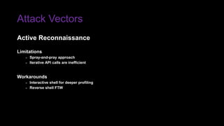 Attack Vectors
Limitations
» Spray-and-pray approach
» Iterative API calls are inefficient
Workarounds
» Interactive shell for deeper profiling
» Reverse shell FTW
Active Reconnaissance
 