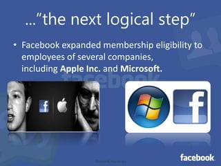 ...”the next logical step”
• Facebook expanded membership eligibility to
employees of several companies,
including Apple Inc. and Microsoft.

TheAmitChaudhary

 