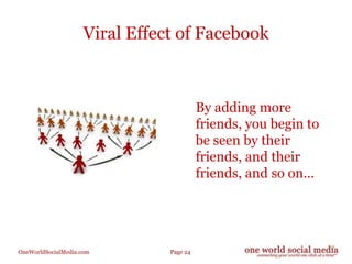 Viral Effect of Facebook<br />	By adding more friends, you begin to be seen by their friends, and their friends, and so on...
