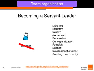 Becoming a Servant Leader 
43 présentation IT&L@bs 
Team organization 
Manager 
Listening 
Empathy 
Relieve 
Awareness 
Persuasion 
Conceptualization 
Foresight 
Support 
Development of other 
Creating a community 
http://en.wikipedia.org/wiki/Servant_leadership 
 