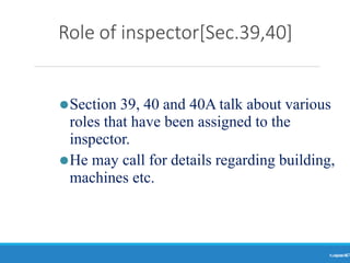 Role of inspector[Sec.39,40]
Ranjeet
KUMAR
47
⚫Section 39, 40 and 40A talk about various
roles that have been assigned to the
inspector.
⚫He may call for details regarding building,
machines etc.
 