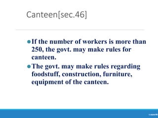 Canteen[sec.46]
Ranjeet
KUMAR
56
⚫If the number of workers is more than
250, the govt. may make rules for
canteen.
⚫The govt. may make rules regarding
foodstuff, construction, furniture,
equipment of the canteen.
 