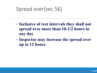 Spread over[sec.56]
Ranjeet
KUMAR
64
• Inclusive of rest intervals they shall not
spread over more than 10-1/2 hours in
any day
• Inspector may increase the spread over
up to 12 hours.
 