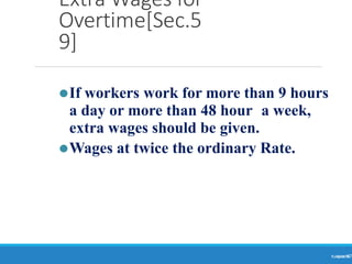 Extra Wages for
Overtime[Sec.5
9]
Ranjeet
KUMAR
67
⚫If workers work for more than 9 hours
a day or more than 48 hour a week,
extra wages should be given.
⚫Wages at twice the ordinary Rate.
 