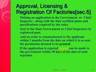 Approval, Licensing & Registration Of Factories[sec.6] <ul><li>Making an application to the Government  or  Chief Inspecto...