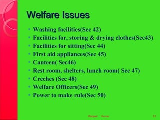 Welfare Issues <ul><li>Washing facilities(Sec 42) </li></ul><ul><li>Facilities for, storing & drying clothes(Sec43) </li><...