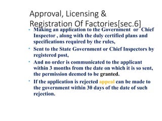 Approval, Licensing &
Registration Of Factories[sec.6]
•
•
•
• Making an application to the Government or Chief
Inspector , along with the duly certified plans and
specifications required by the rules,
Sent to the State Government or Chief Inspectors by
registered post,
And no order is communicated to the applicant
within 3 months from the date on which it is so sent,
the permission deemed to be granted.
If the application is rejected appeal can be made to
the government within 30 days of the date of such
rejection.
 