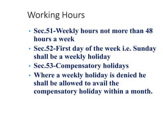 Working Hours
• Sec.51-Weekly hours not more than 48
hours a week
• Sec.52-First day of the week i.e. Sunday
shall be a weekly holiday
• Sec.53-Compensatory holidays
• Where a weekly holiday is denied he
shall be allowed to avail the
compensatory holiday within a month.
 