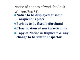 Notice of periods of work for Adult
Workers[Sec.61]
⚫Notice to be displayed at some
Conspicuous place.
⚫Periods to be fixed beforehand
⚫Classification of workers-Groups.
⚫Copy of Notice in Duplicate & any
change to be sent to Inspector.
 