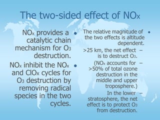 The two-sided effect of NOx
NOx provides a
catalytic chain
mechanism for O3
destruction.
NOx inhibit the NOx
and ClOx cycles for
O3 destruction by
removing radical
species in the two
cycles.
The relative magnitude of
the two effects is altitude
dependent.
–>25 km, the net effect
is to destruct O3.
–(NOx accounts for
>50% of total ozone
destruction in the
middle and upper
troposphere.)
–In the lower
stratosphere, the net
effect is to protect O3
from destruction.
 