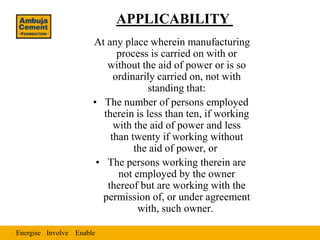 APPLICABILITY
                      At any place wherein manufacturing
                             process is carried on with or
                          without the aid of power or is so
                            ordinarily carried on, not with
                                     standing that:
                      • The number of persons employed
                         therein is less than ten, if working
                            with the aid of power and less
                           than twenty if working without
                                 the aid of power, or
                       • The persons working therein are
                             not employed by the owner
                          thereof but are working with the
                        permission of, or under agreement
                                  with, such owner.

Energise Involve Enable
 