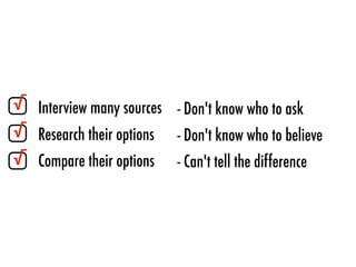 - Don't know who to ask
- Don't know who to believe
- Can't tell the difference
Interview many sources
Research their options
Compare their options
√
√
√
 