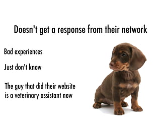 Doesn't get a response from their network
Bad experiences
Just don't know
The guy that did their website
is a veterinary assistant now
 