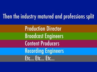 Then the industry matured and professions split
Production Director
Broadcast Engineers
Content Producers
Recording Engineers
Etc... Etc... Etc...
 
